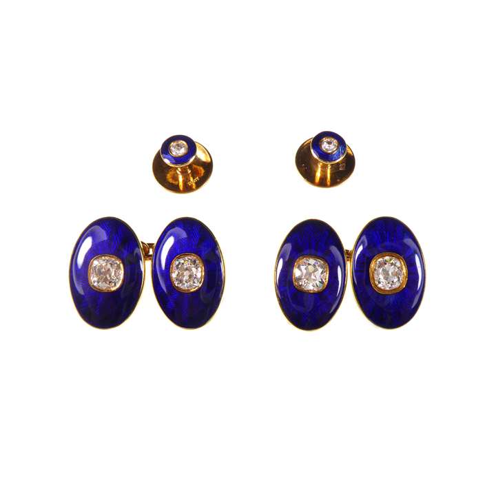 Pair of antique blue guilloche and cushion cut diamond oval cufflinks, together with a pair of matching studs